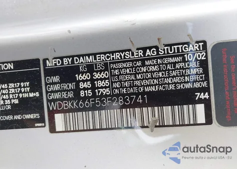 2003 Mercedes-Benz Slk 32 Amg from USA, damaged, VIN WDBKK66F53F283741